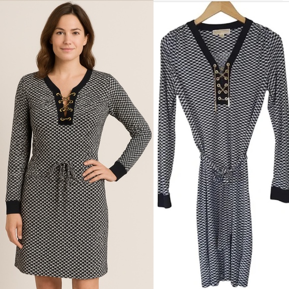 Michael Kors Black White Grommet Lace up Midi Dress - Picture 1 of 16